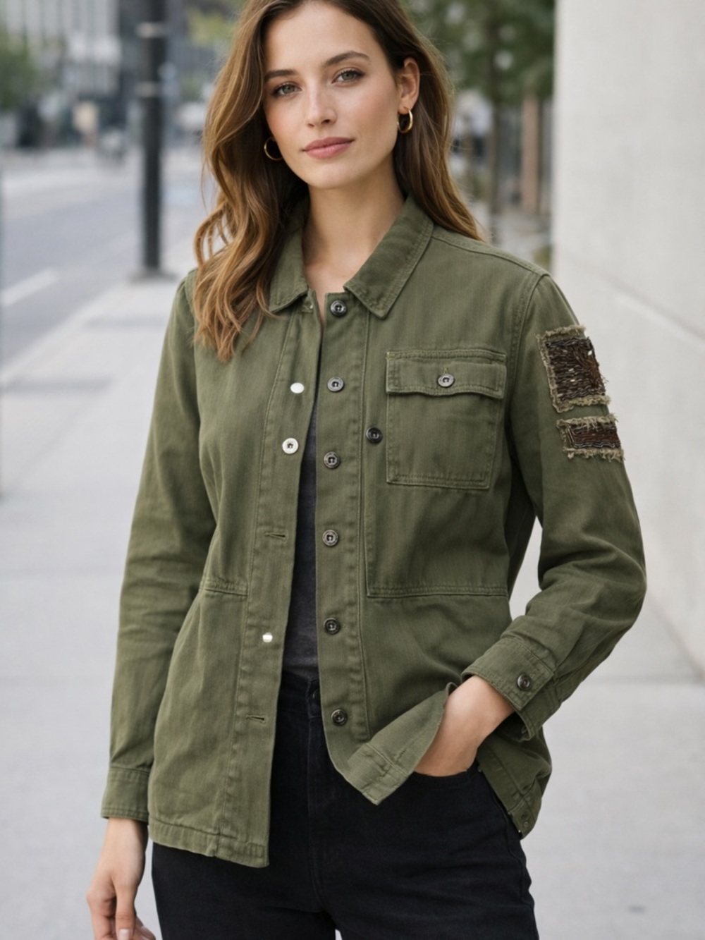 Blue B Vintage Olive Utility Jacket beaded festival boho military army jacket